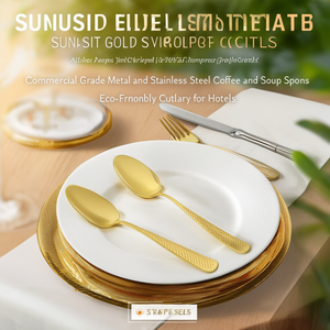 Ensemble de couverts Sunlit Gold de qualité commerciale en métal et acier inoxydable, cuillères à café et à soupe, couverts écologiques pour hôtels - Product Image 2