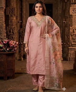 Pink Embroidered Cotton Kurta / Kurti Floral Dupatta Women Traditional Wedding Party Wear India Pakistan Style Hand Drawn Sun - Product Image 1