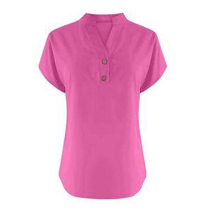 T-shirt décontracté pour femme, col rond, boutonné sur le devant, manches courtes, en tricot de coton et élasthanne, grande taille, anti-plis, anti-boulochage - Product Image 1