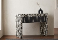 Table console de luxe à incrustations géométriques en os, avec pieds noirs et blancs, pour entrée et salon moderne