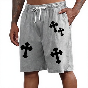 Shorts de sport décontractés pour hommes avec logo personnalisé sur le devant, 100% coton molletonné épais, délavage acide, taille à cordon de serrage, taille mi-haute, design effet soleil éclairé - Product Image 1