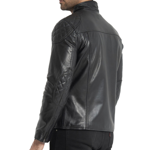 Veste en cuir véritable pour homme, style moto, coupe ajustée, noire, fermeture éclair, col montant, style motard classique - Product Image 5