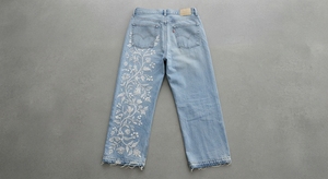 Custom Logo Ladies Stretch Light Wash <b>Embroidered</b> Floral Straight Leg <b>Jeans</b> with Frayed Hem Casual Wear - Product Image 3