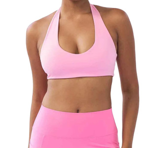 Wholesale Women's Pink Scoop Neck Seamless High Support Yoga Fitness Sports <b>Bra</b> Breathable Solid Color Front Logo High Quality - Product Image 1