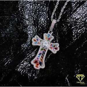 Pendentif Croix de Luxe en Argent Sterling 925 avec Diamant de Laboratoire et Pierres Multicolores, Collier Iced Out, Bijoux - Product Image 4