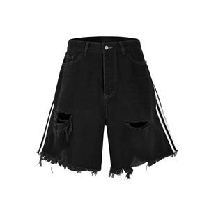 Shorts en jean asymétriques pour homme, taille haute, déchirés, effet usé, en coton noir, décontractés, pour l'été - Product Image 1