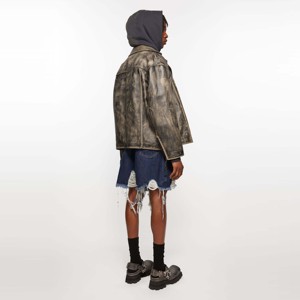 Distressed Super Baggy Fit Mid Waist Wide Leg <b>Knee</b> Length Leather <b>Patch</b> Detail Mens Streetwear Denim Shorts Denim Shorts - Product Image 1