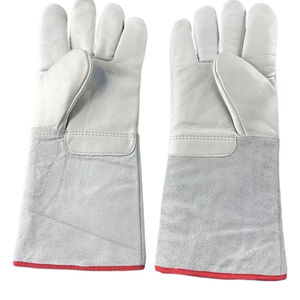 Gants de soudage TIG en cuir véritable blancs avec bordure rouge et design de pouce intégré, résistants aux éclaboussures de métal fondu, en coton, pour soudage à l'arc. - Product Image 1