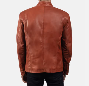 แจ็คเก็ตหนังแท้ทรงสลิมพรีเมียมสำหรับผู้ชายรุ่นใหม่ล่าสุด คอตั้ง ปรับแต่งวัสดุและสัมผัสได้ตามต้องการ - Product Image 4