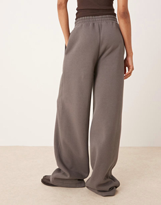 Pantalon large gris pour femme, taille haute élastique, coupe ample, longueur intégrale, couleur unie, décontracté, pour l'automne, en tissu éponge - Product Image 1