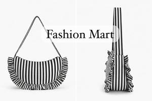 Fashion Striped Canvas Shoulder Bag for Women Ruffle Trim Tote Lightweight Casual Handbag - Product Image 5