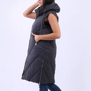 Women's <b>Long</b> Quilted Hooded Sleeveless Puffer <b>Vest</b> Winter Coat Thick Polyester Wadding Full Zipper Closure Solid Color - Product Image 2