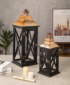 Farol de Madera Vintage, Portavelas Decorativo de Mesa con Tapa Metálica, Decoración Rústica para el Hogar Estilo Granja - Product Image 4
