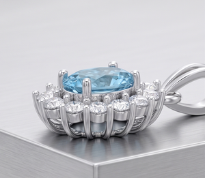 Collar de Lujo con Colgante Ovalado Azul Elegante con Diamantes Cultivados en Laboratorio |   Colgante Halo |   Joyería Fina Clásica - Product Image 2