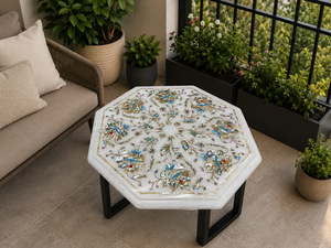 Table basse de luxe en marbre blanc incrusté, faite à la main, pierre précieuse Pietra Dura, écologique, Art Déco, pour bureau, Diwali, anniversaire, adieu - Product Image 1