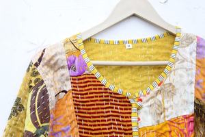 Coloré Patchwork Kantha matelassé soie coton veste réversible Boho femmes robe avec petits boutons longue veste 2 voies pour l'automne - Product Image 3