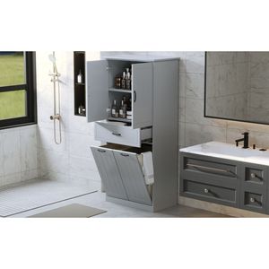 Armoire de rangement de salle de bain grise à deux portes avec tiroir et paniers à linge, meubles pour la maison - Product Image 6