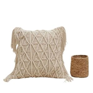 Housse de coussin carrée bohème en tricot avec pompons, coton bio, faite à la main, décoration intérieure, à prix avantageux - Product Image 1