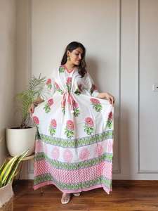Robe maxi kaftan en coton imprimé brodé de fleurs, col en V, manches trois quarts, tenue décontractée d'été - Product Image 2
