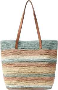 Sac de plage en paille coloré à rayures arc-en-ciel, fait main en raphia, avec poignée vierge, grande capacité, pour l'été, vente en gros - Product Image 3