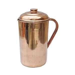 Hammered <b>Copper</b> Water Jug with Lid Brass <b>Knob</b> Curved Handle Cylindrical Body Decorative Bands Traditional Handcrafted - Product Image 5