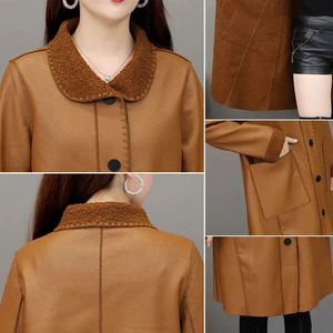 Women's Long Real Leather Trench <b>Coat</b> Stand Collar Zipper Closure <b>Thick</b> Warm <b>Winter</b> Outerwear Solid Color Casual Style Windproof - Product Image 4