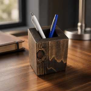 Wooden <b>Desk</b> Pen Holder Square <b>Rustic</b> Office Supply Organizer for Pens Pencils and Markers - Product Image 2