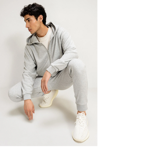 Ensemble de survêtement gris à capuche pour homme, fermeture éclair intégrale, coupe ample, sweat-shirt et pantalon en coton, tenue décontractée d'automne, couleur unie, poches latérales - Product Image 3
