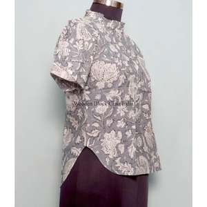 Top Corto Moderno de Verano 100% Algodón con Cuello Alto, Estampado Floral, Mangas Regulares, Borlas, Detalles Intrincados, Lavable - Product Image 4