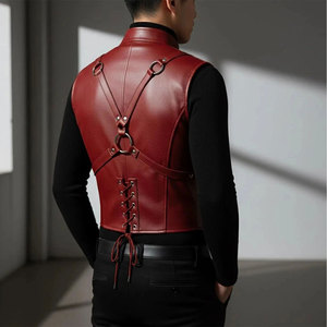 Chaleco de Cuero Sintético Rojo para Hombre con Arnés - Chaleco de Cuero Gótico con Cordones - Chaleco Personalizado - Product Image 4