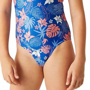 Maillot de bain une pièce pour filles, imprimé floral, bleu, extensible, en spandex et polyester, coupe classique, tricoté, imprimé numérique, col rond - Product Image 6