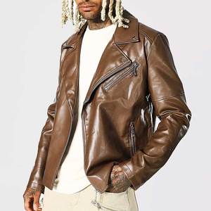Chaqueta de Motociclista de Cuero Genuino Marrón para Hombre, Cuello Camisero, Cierre de Cremallera, Corte Regular, Color Sólido, para Otoño - Product Image 1