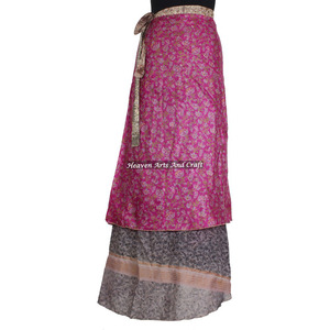 <b>Boho</b> Plus Size Printed Double Layered Silk Wrap <b>Skirt</b> Indian Sari Style Maxi <b>Skirt</b> - Product Image 5