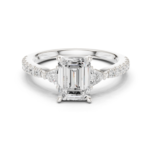 <b>Emerald</b> Cut Diamond Engagement <b>Ring</b> with Trillion Side Stones in 92.5 <b>Silver</b> Luxury Style Romantic Gift - Product Image 1