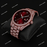 Reloj de Pulsera de Lujo con Diamantes de Imitación en Acero Inoxidable Rojo Rubí, Esfera con Números Arábigos y Cuarzo