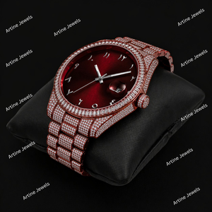 Montre de luxe sertie de diamants rouges rubis avec cadran à chiffres arabes et pavé complet - Product Image 2