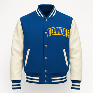 Delaware <b>Varsity</b> <b>Jacket</b> <b>Men's</b> Blue Leather Sleeve Embroidered Letterman <b>Bomber</b> Preppy Style Winter Casual Customized Colors - Product Image 1