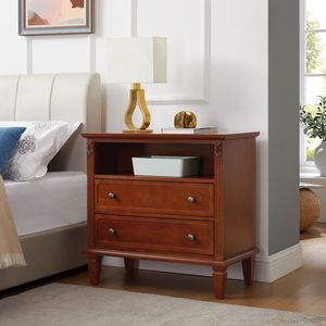 Table d'appoint de style farmhouse à 2 tiroirs Open Space avec station de charge et ports USB, design Pilas cannelé - Product Image 1