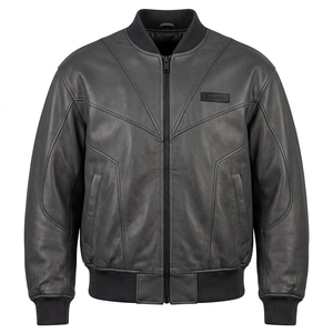 Charcoal <b>Grey</b> Top Grain Leather Bomber <b>Jacket</b> Men Custom Logo Chevron Seam Panel Ribbed Knit Flight Outerwear OEM Manufacturer - Product Image 1