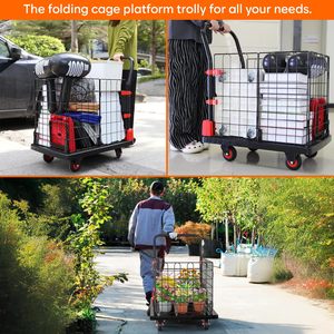 300 Kg <b>Foldable</b> Plastic Platform <b>Trolley</b> with Basket Cage | Portable Hand Truck with 360° Wheels for Warehouse & Home Use - Product Image 1