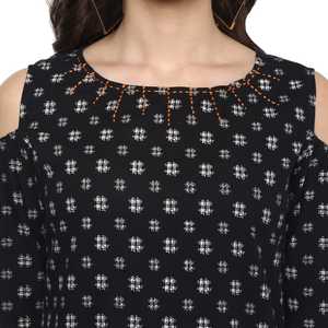 Kurti Negro de Algodón para Mujer, Estampado Geométrico, con Flecos, Corte en A, Mangas con Hombros Descubiertos, Ropa Casual de Verano, Secado Rápido, Reciclado - Product Image 2