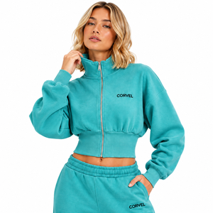Conjunto de chándal de forro polar grueso para mujer, color verde azulado, con chaqueta corta con cuello alto y cremallera, y pantalón de pierna ancha, ropa deportiva personalizada al por mayor, ¡superventas! - Product Image 2