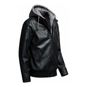 Men's Black <b>Hooded</b> Genuine Leather Windproof Winter <b>Jacket</b> with <b>Fur</b> Trim Polyester Lining Color Blocking Zip-Up Closure - Product Image 3