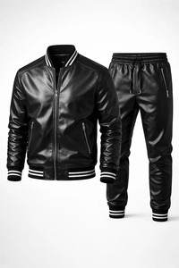 Ensemble veste bomber et pantalon en cuir PU pour homme, col montant, fermeture éclair, coupe-vent, tenue décontractée d'automne, veste en cuir PU pour homme - Product Image 6
