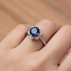 Bague Fleur Saphir Bleu Royal en Argent Sterling 925 Plaqué Or 14K, Halo Floral, Pierre de Naissance de Septembre, Bague de Fiançailles - Product Image 3