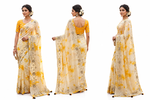CHOHAN TEXTILE Fournisseur de Sarees Indiens Vintage Personnalisés en Soie Brodée Anti-Plis Jaune Vente en Gros OEM ODM Vêtements pour Femmes - Product Image 3