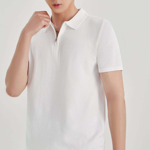 Men's Beige Short Sleeve Oxford Polo Shirt Zipper Casual Regular Fit Solid Color Woven Fabric - Product Image 4
