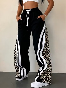 Women's Striped Leopard Print <b>Summer</b> Casual <b>Pants</b> with Mid Waist Drawstring Pockets 100% Cotton Loose Fit - Product Image 3