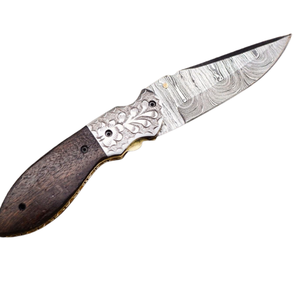 Navaja Plegable para Exteriores con Hoja de Acero con Patrón de Damasco, Mango Ergonómico de Madera, Bolster Decorativo y Diseño Portátil - Product Image 3