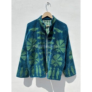 Neon Blue Velvet Jacket <b>Coat</b> Hand <b>Stitch</b> Cotton Jacket Unisex Winter Jacket Floral Embroidery Jacket Two Side Pocket - Product Image 5